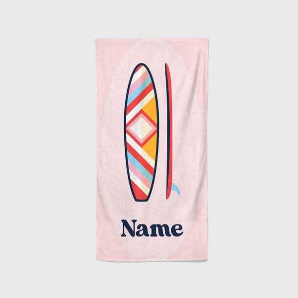 Personalised Beach Towel - Surfboard Retro Pink Towel